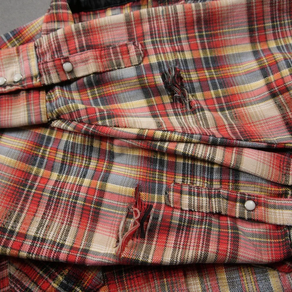 Thrashed 60s VTG Wrangler Distressed Flannel Plaid Pearl Men M Shirt Skate Surf